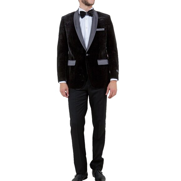 Black Velvet Satin Shawl Collar Slim Fit Men's Jacket